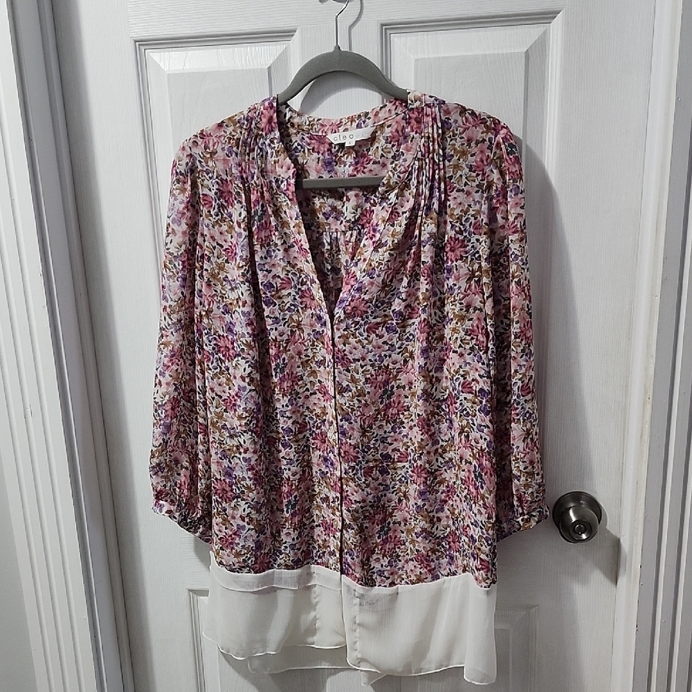 Floral Multicolor Women's Top Shirt Tail Blouse Button Up Cleo Large